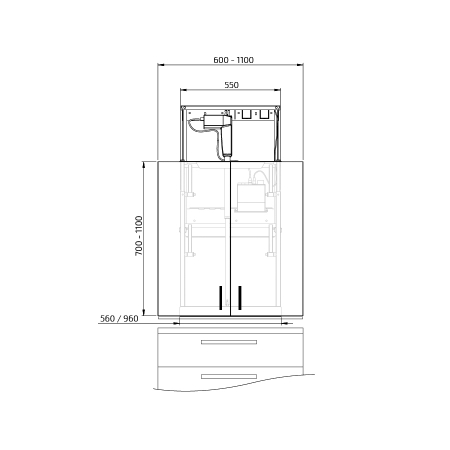 Dimensiones - Pieza de elevación en diagonal para armarios de pared Diago 504 - 60-110 cm