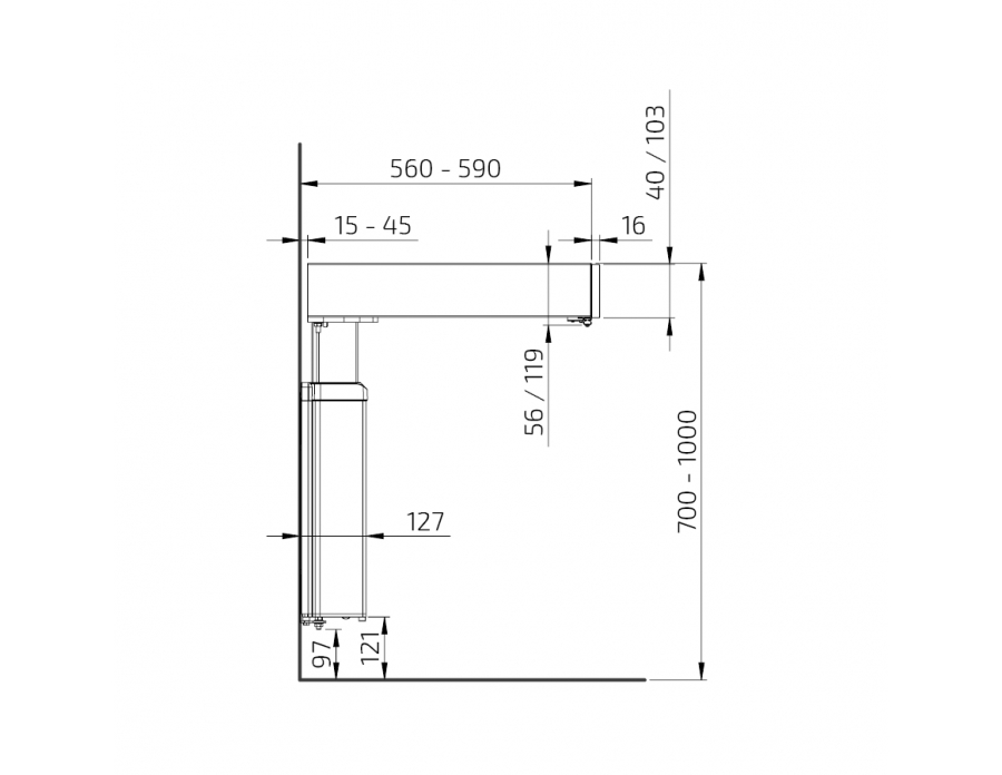 Dimensiones - Baselift 6300HA Unidad de elevación montada en pared, 103 mm frente