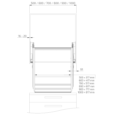 Dimensiones - Unidad de elevación en diagonal para armario de pared,  InDiago 510KA - altura 66 cm, profundidad 26 cm