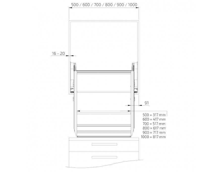 Dimensiones - Unidad de elevación en diagonal para armario de pared,  InDiago 510KA - altura 66 cm, profundidad 26 cm