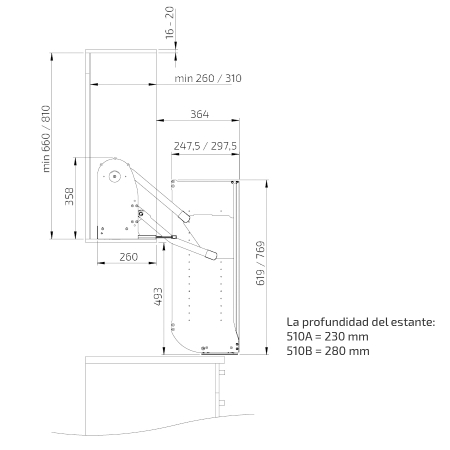 Dimensiones - Unidad de elevación en diagonal para armario de pared,  InDiago 510KA - altura 66 cm, profundidad 26 cm