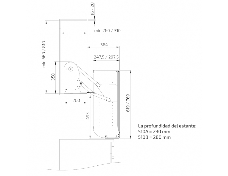 Dimensiones - Unidad de elevación en diagonal para armario de pared,  InDiago 510KA - altura 66 cm, profundidad 26 cm